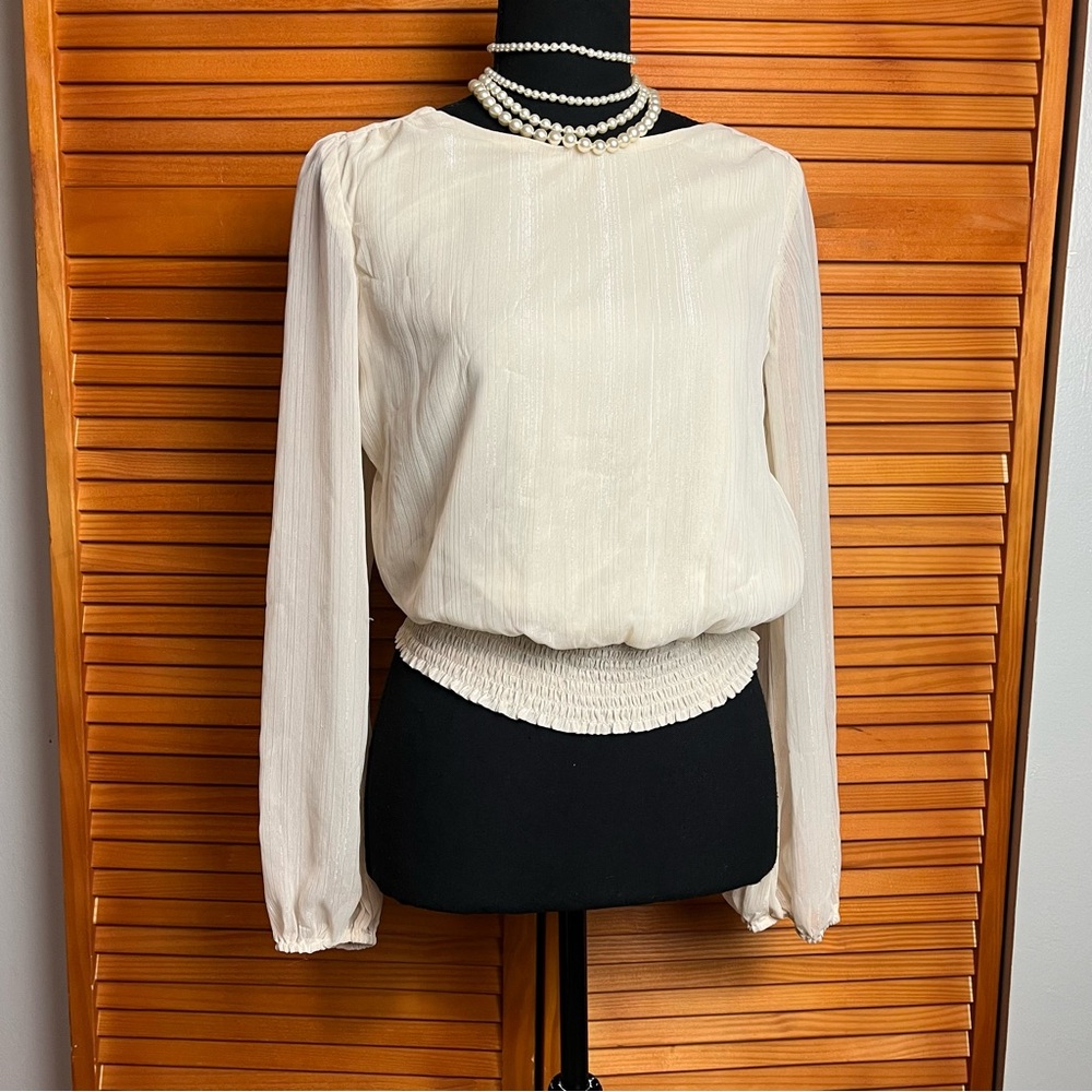 Cropped Cream Blouse with Sheer Sleeves